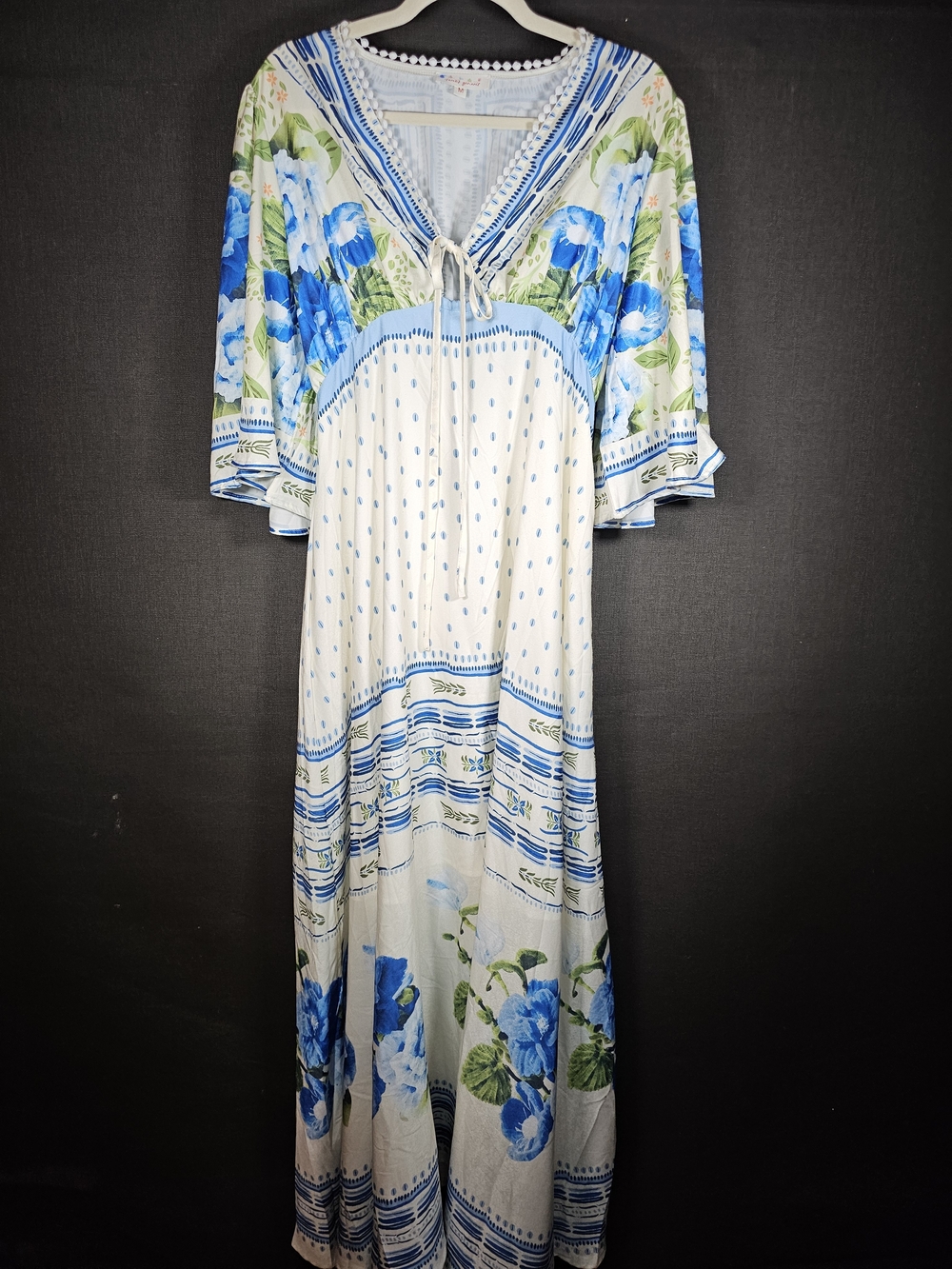 Blue Floral Maxi Dress with V-Neck and Tie